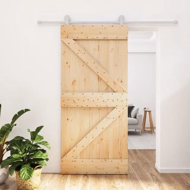 Berkfield Home Modern Sliding Door with Hardware Set, Solid Wood Pine, Brown, W: 95 cm, H: 210 cm