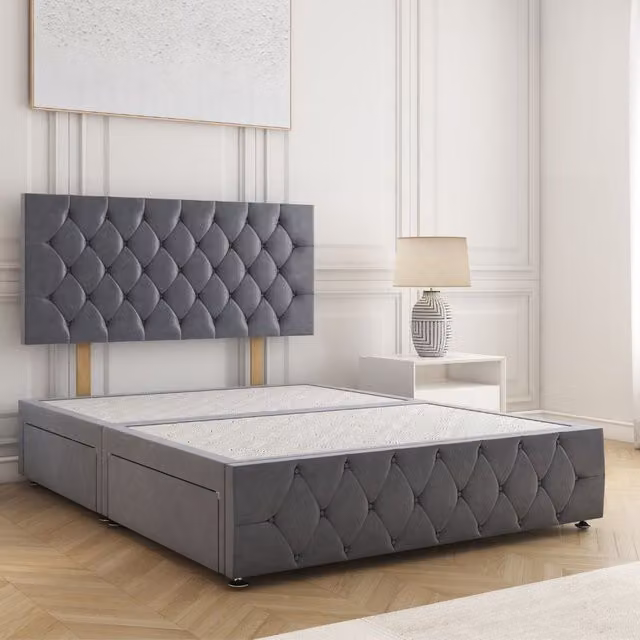 BSSPOKE Mulberry Small Double Divan Bed in Charcoal Velvet with 24 inch Headboard and 2 Drawers Same Side, W/D/H: 120 x 200 cm
