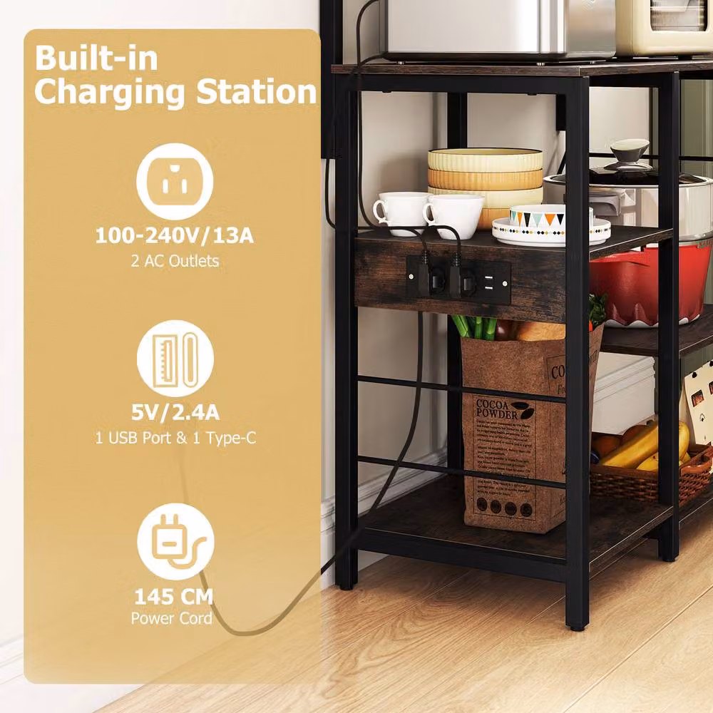 Gymax 5-Tier Brown Kitchen Bakers Rack with Microwave Stand and Power Outlet – 7