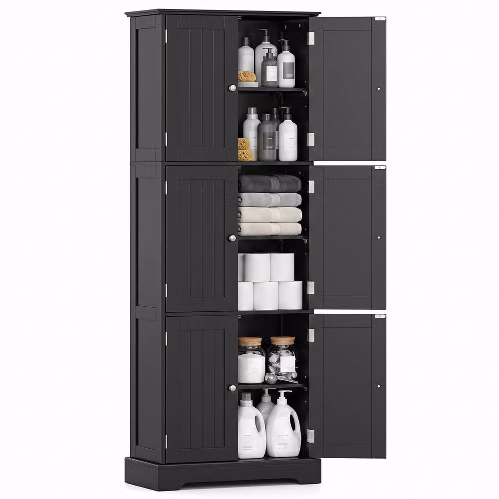 Costway Tall Freestanding Bathroom Storage Cabinet in Black with 6 Hinged Doors, W: 60 cm, D: 30 cm, H: 160 cm – 2