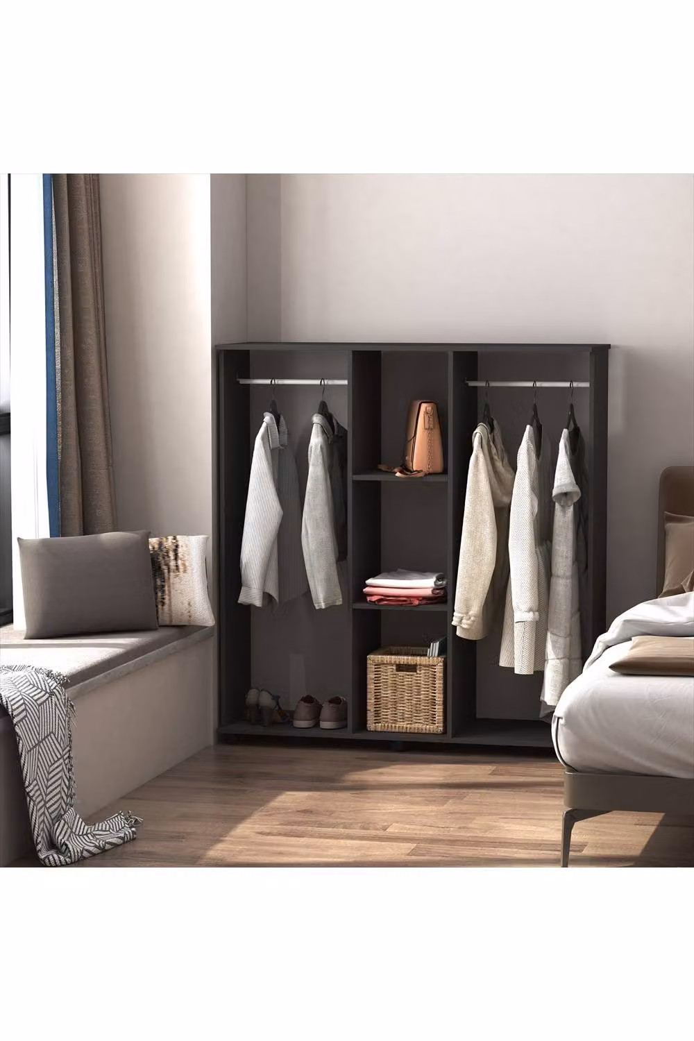 ERGOVEXA Modern Open Wardrobe with 6 Mobile Storage Shelves and Clothes Rail, Black – 5