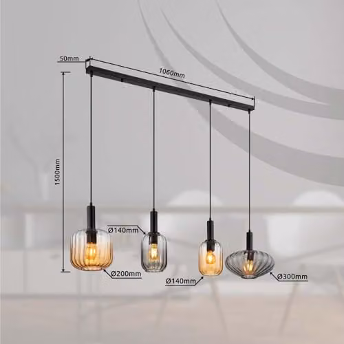 Netlighting Valletta Bar Pendant Ceiling Light in Matt Black with Glass Shades, 4x E27, Height Adjustable – 3