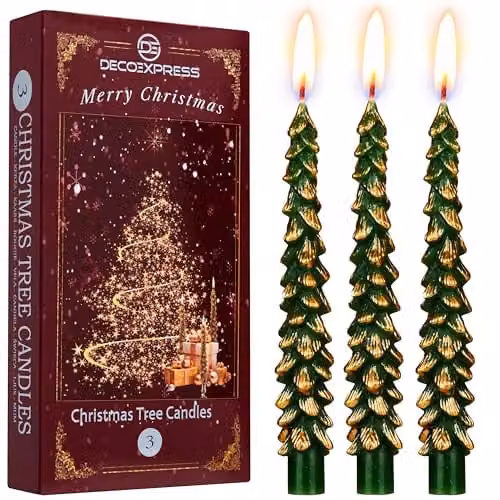 Deco Express Christmas Tree Dinner Candle Set in Green and Gold