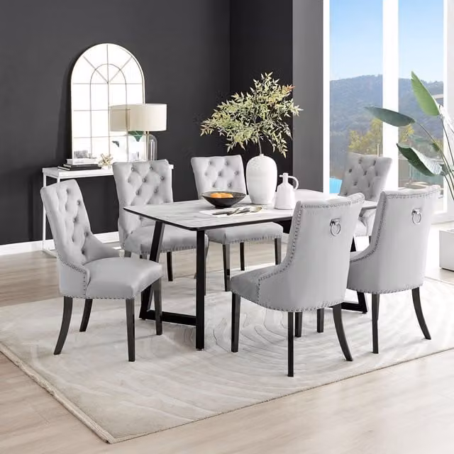 FurnitureboxUK Carson White Marble Effect Dining Table and 6 Belgravia Black Leg Chairs in Grey