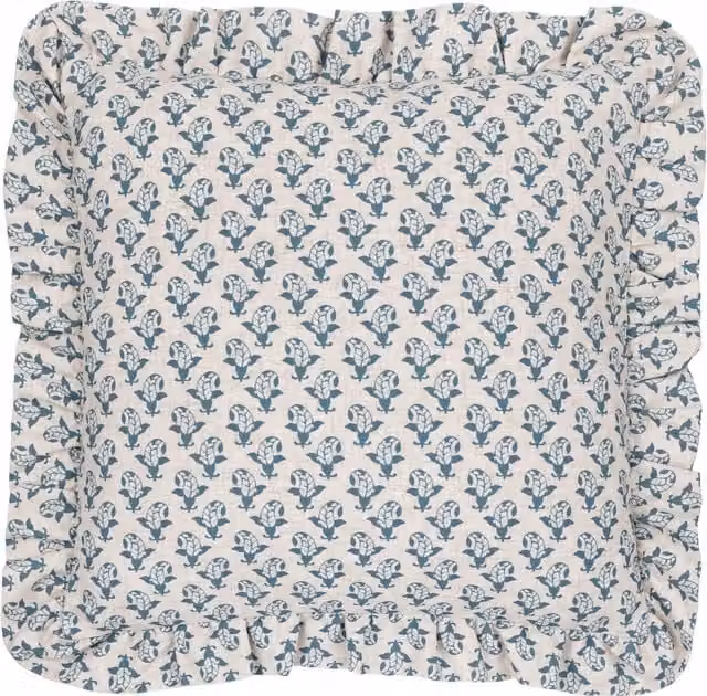 Lulah Block Printed Ruffle Linen Cushion in Blue