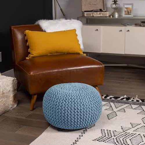 Home Sweet Home UK Handmade Large Round Knitted Pouffe Ottoman in Blue, 100% Cotton – 5