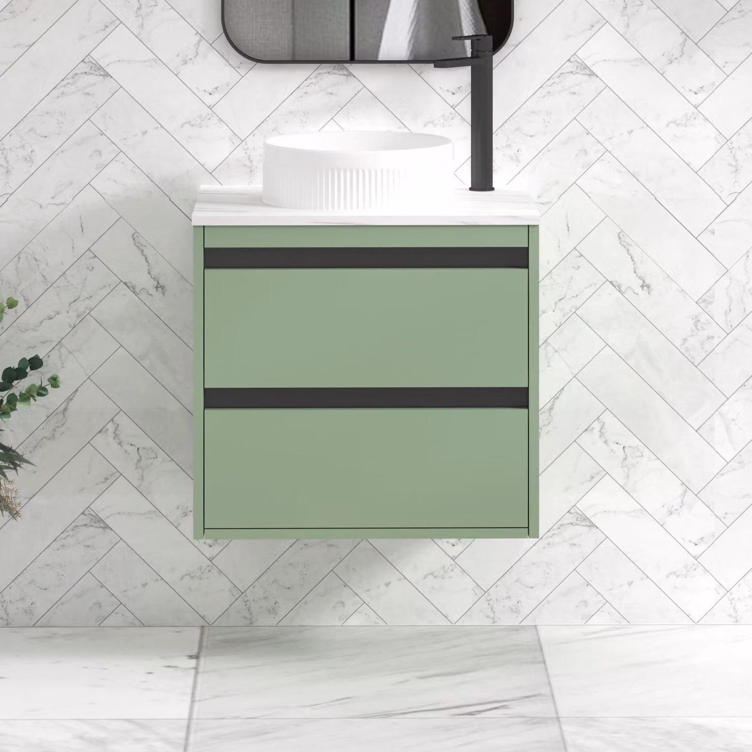 Royal Bathrooms Orion 800mm Wall Hung Mint Sage Vanity Unit with 2 Drawers, Round Basin and Black Accent Trim