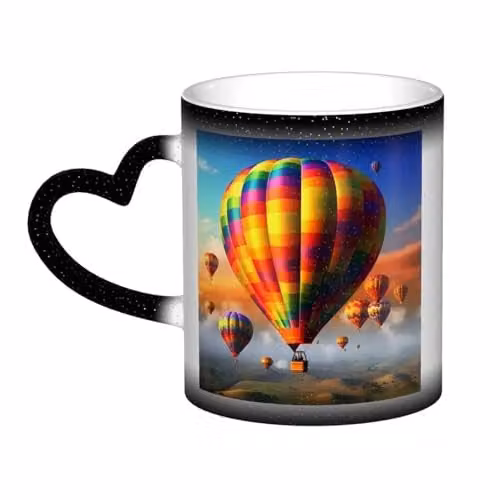 Oudrspo Hot Air Balloons Heat Sensitive Colour Changing Ceramic Coffee Mug, Red and Multicolour, 355 ml