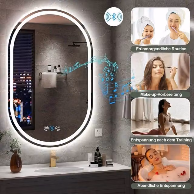 PAWNORA Illuminated Bluetooth Bathroom Mirror with LED Light, Silver, W: 50 cm, H: 70 cm