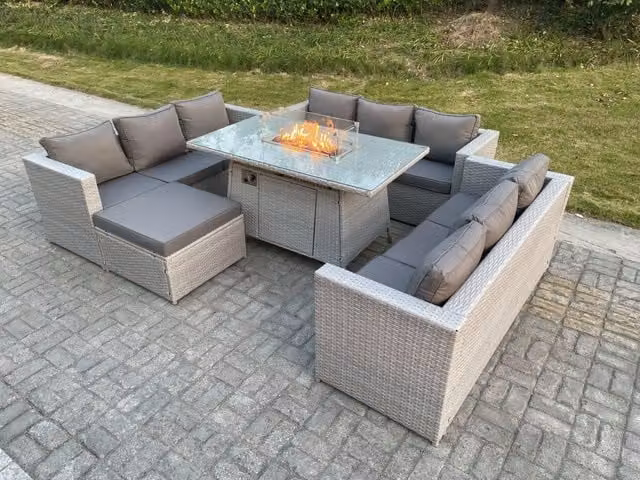 Fimous Light Grey U-Shape Rattan Garden Lounge Sofa and Dining Set with Gas Fire Pit Heater