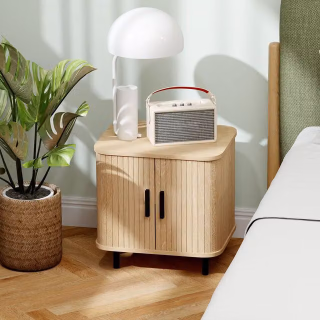 HOMCOM Scandinavian Nightstand with Sliding Doors and Metal Legs in Oak Tone Natural Brown