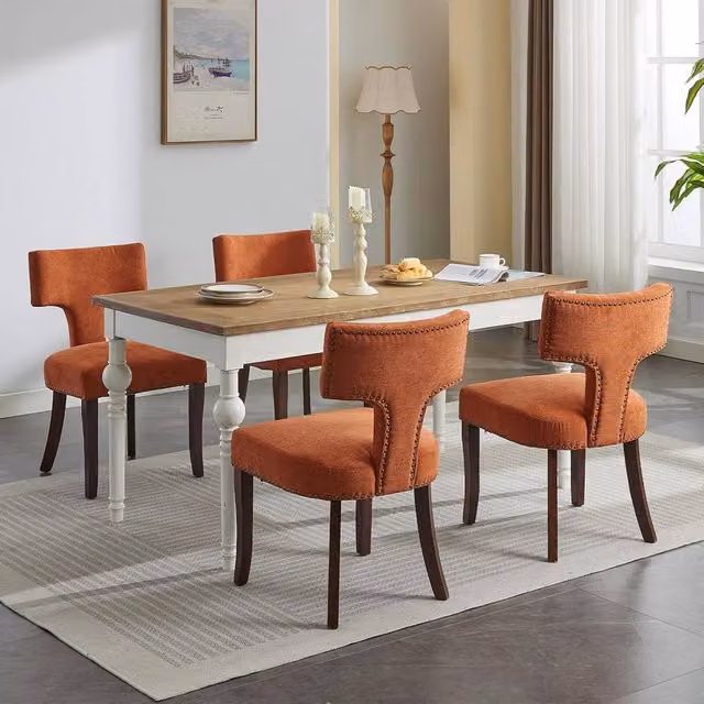 HomeTouch Set of 6 Orange Linen Fabric Upholstered Dining Chairs