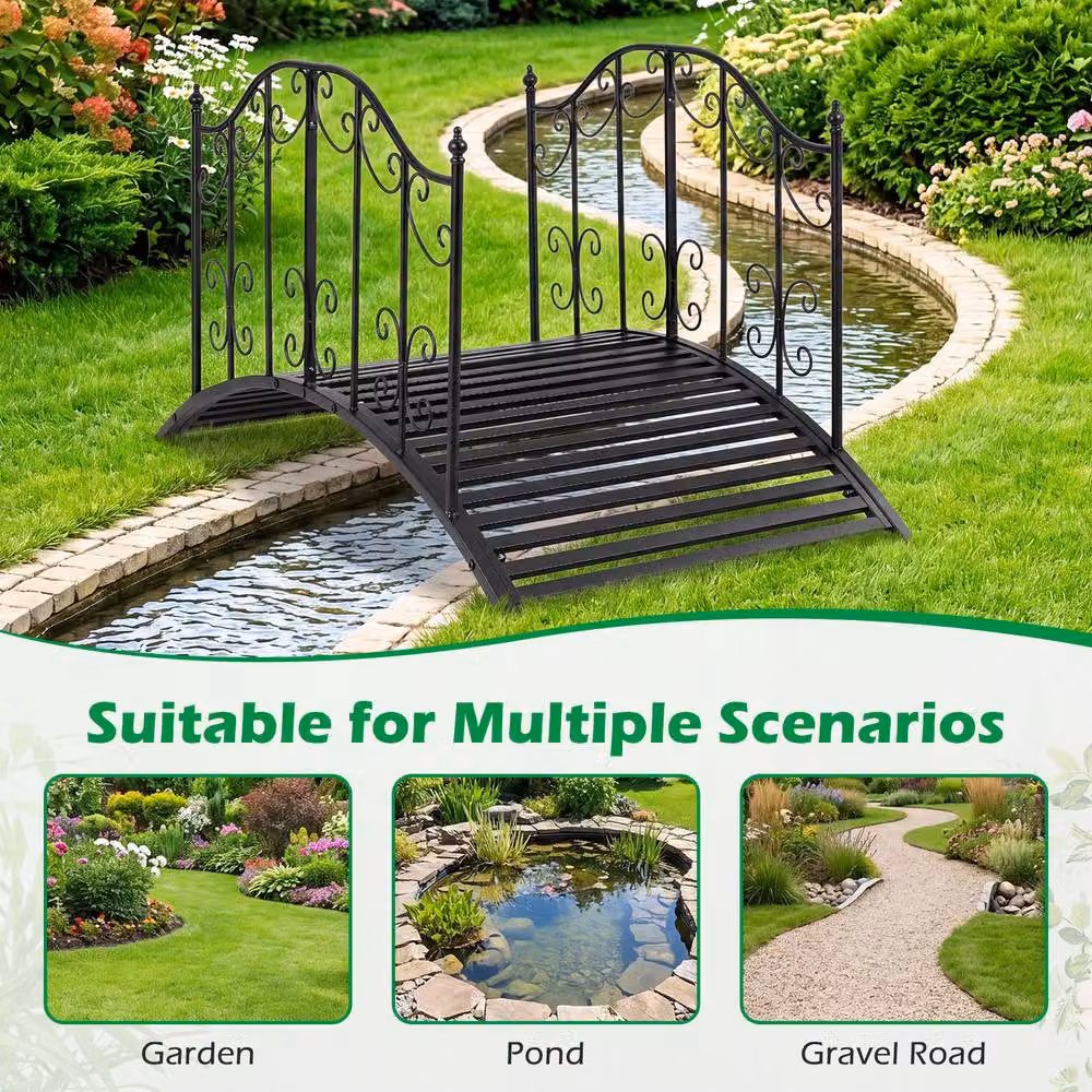 Gymax Arched Garden Bridge with Dual Patterned Metal Side Rails in Black, 118 cm – 2