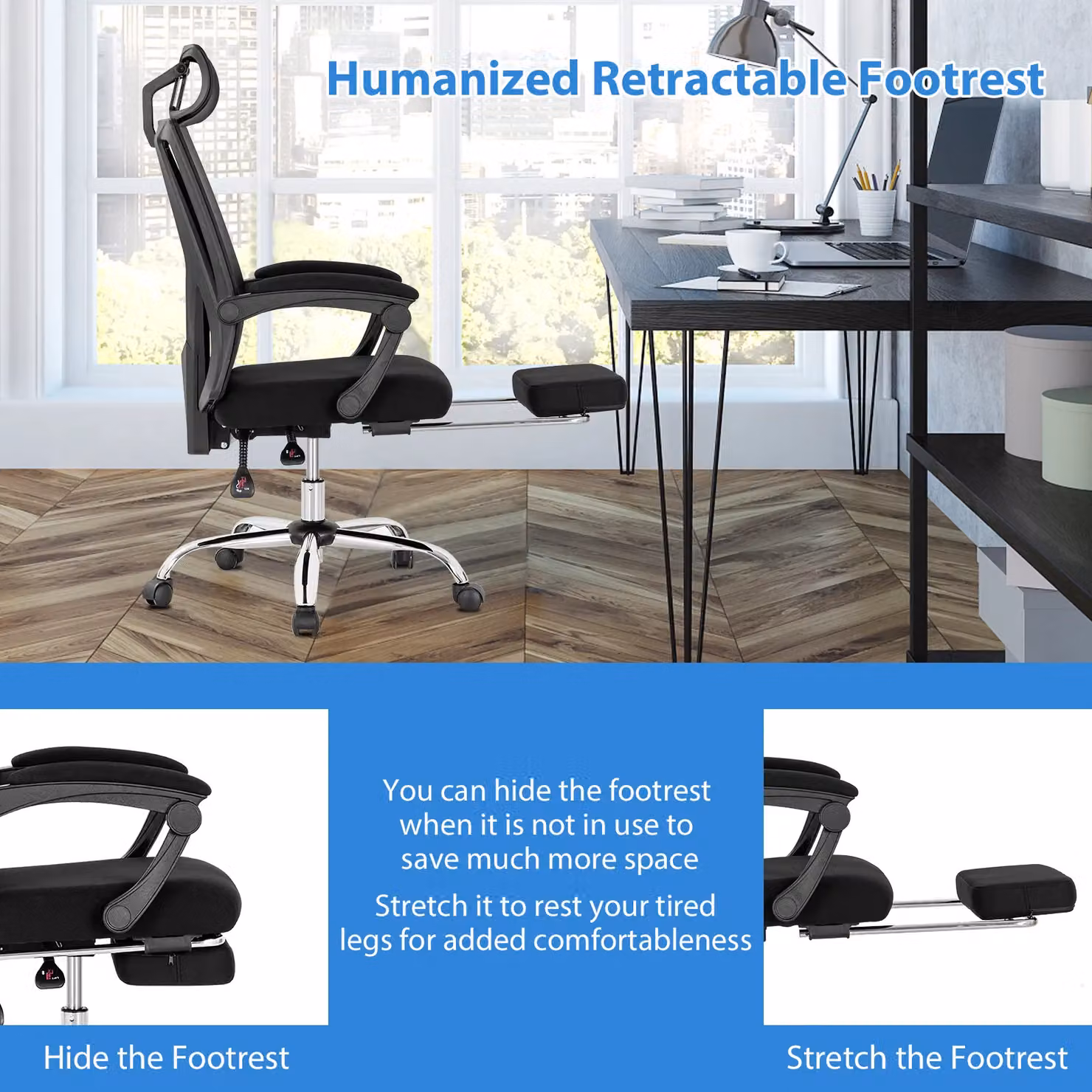 Costway Ergonomic Executive Office Chair with High Back, Headrest and Retractable Footrest in Black Fabric – 6