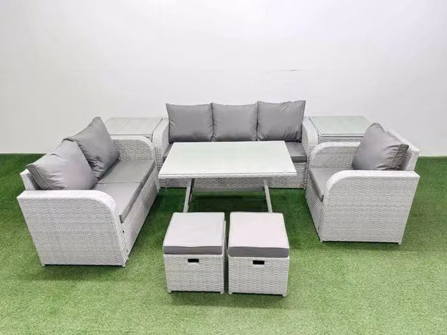 Fimous Patio Dining Set with Reclining Chair and 2 Side Tables in Light Grey