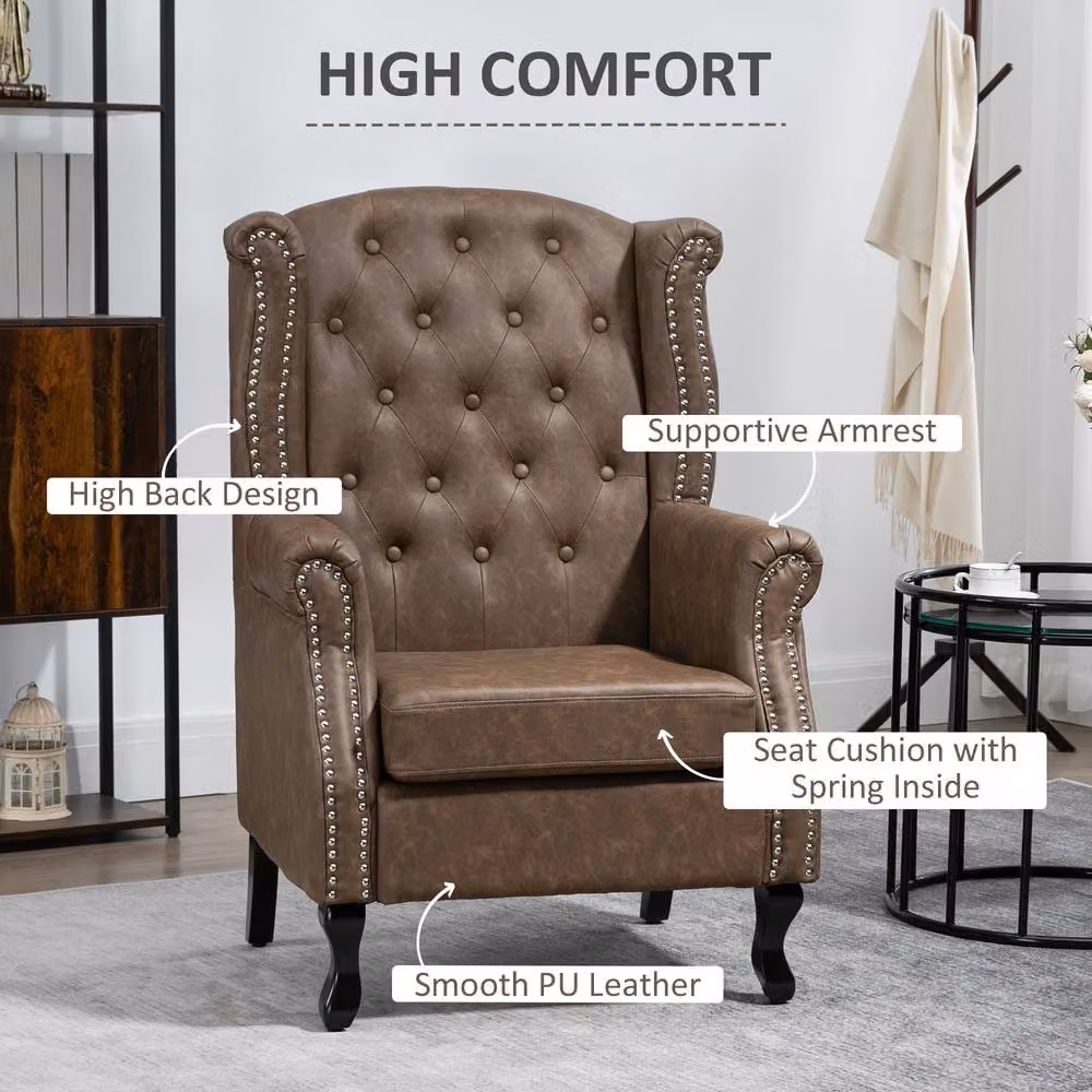STILVORA Chesterfield Armchair with Solid Wood Frame and Brown Synthetic Leather – 3