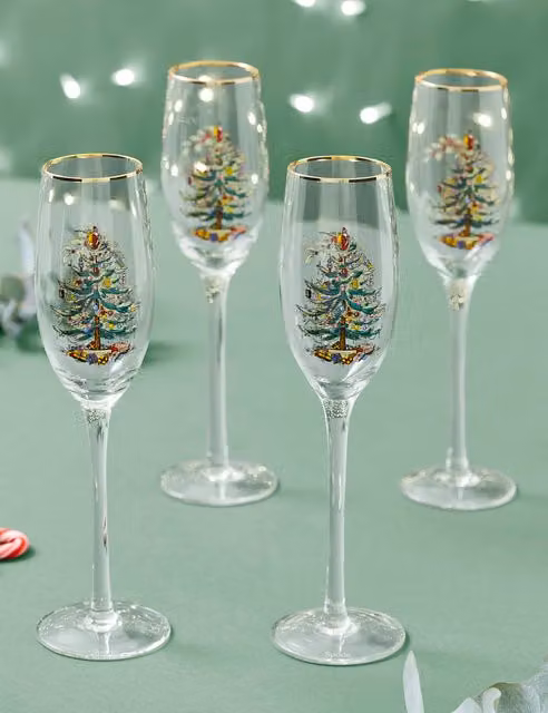 Spode Set of 4 Multicolour Christmas Tree Champagne Flutes with Gold Details