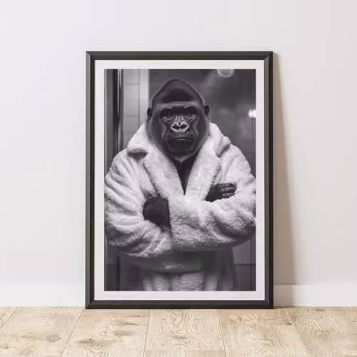 60 Second Makeover Gorilla In Dressing Gown Animal Print Paper Poster, Black and White, W: 21.0 cm, H: 29.7 cm