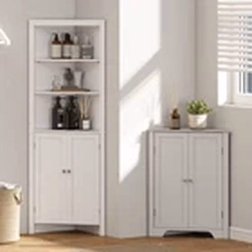 EONLION White Corner Bathroom Cabinet with Double Hinged Doors and Adjustable Internal Shelves – 2
