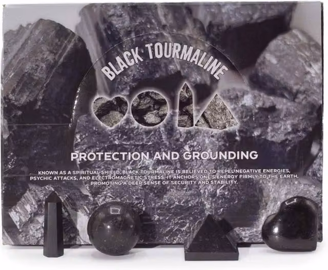 KDMD Black Tourmaline Stone Shape Set featuring Heart, Sphere, Obelisk and Point