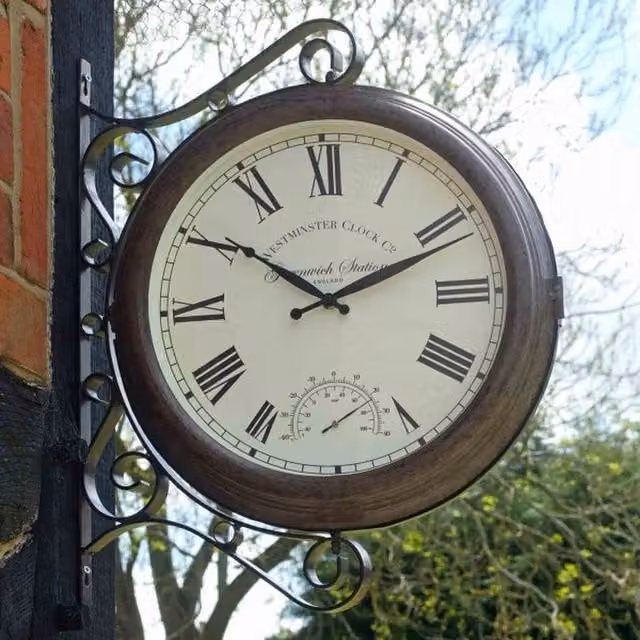 Garden Mile Greenwich Station Vintage Round Analog Wall Clock and Thermometer in Brown