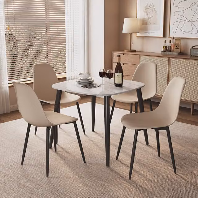 Aspen Gloss White Sintered Stone Square Dining Table and 4 Curve Chair Set in Calico