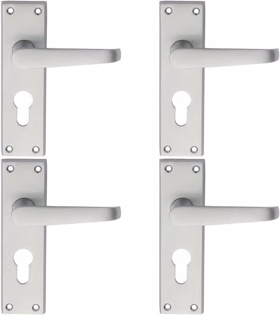 Loops 4x Pair Straight Victorian Handle on Euro Lock Backplate in Satin Chrome, W: 15.0 cm, H: 4.3 cm