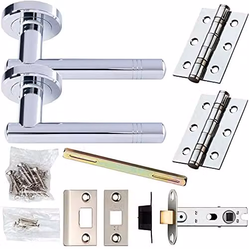 Loops Chrome Modern Straight Ring Bar Door Handle and Latch Pack with 57mm Rosette Set