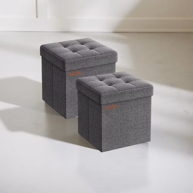 SONGMICS Set of 2 Small Storage Ottoman Benches and Footrest Stools in Dark Grey – 1