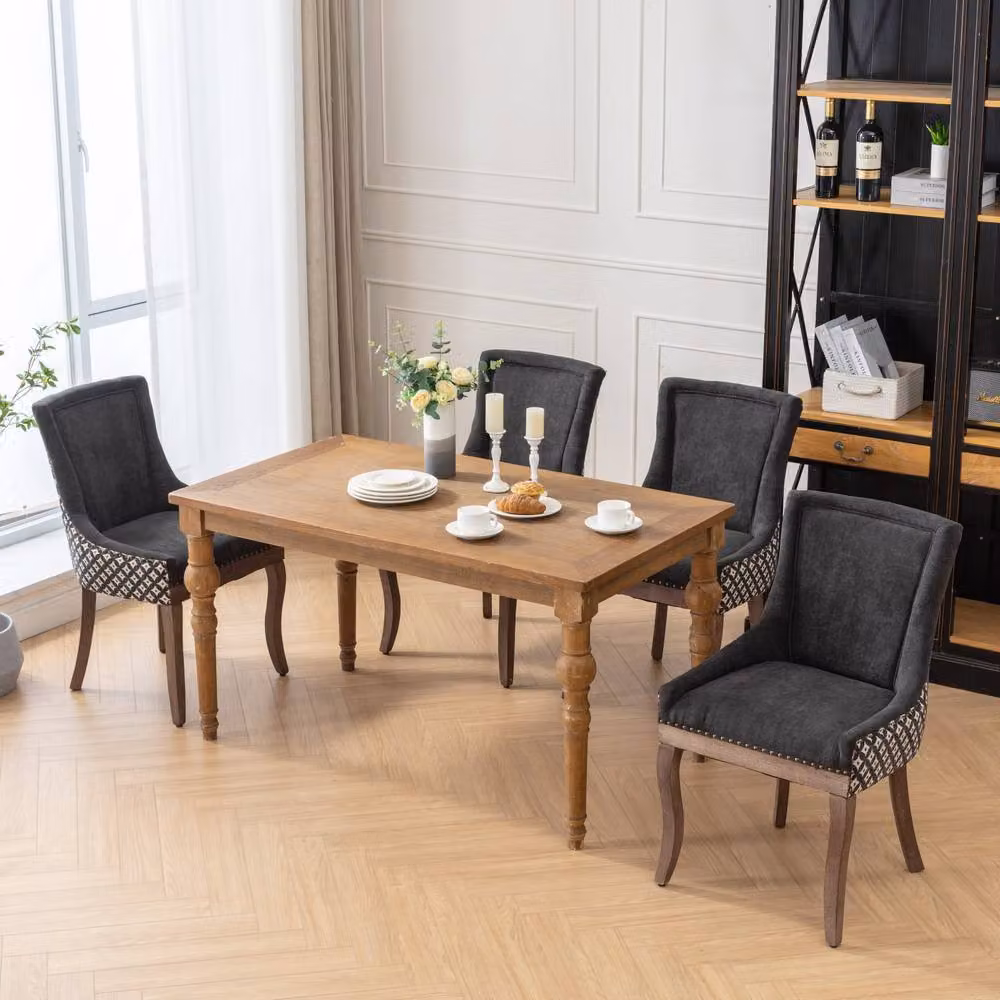 Modern Home Touch Bewley Set of 2 Vintage Linen Upholstered Kitchen Dining Chairs with Oak Wood Legs in Beige and Black – 2