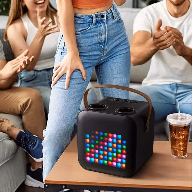 Komore Bluetooth 5.0 Karaoke Speaker with 2 Microphones, Black, Height: 17 cm