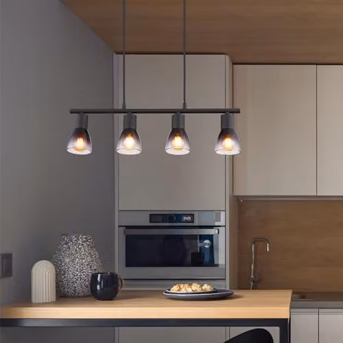 Netlighting Satella Bar Pendant Ceiling Light in Black with Smoke Grey Glass Shades, 4x E14, W/D/H: 120 x 52 x 25 cm – 2