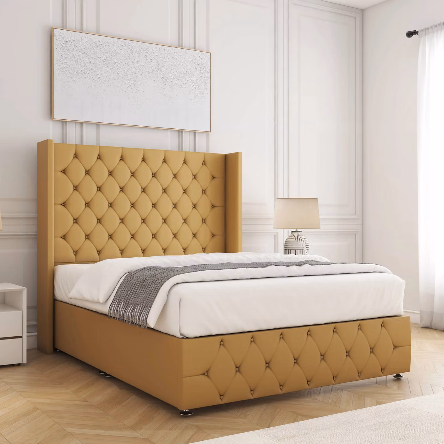 BSSPOKE Ruby Divan Bed Frame with 54 inch Headboard in Mustard Yellow Plush Velvet, King Size, W/D/H: 180 x 200 cm