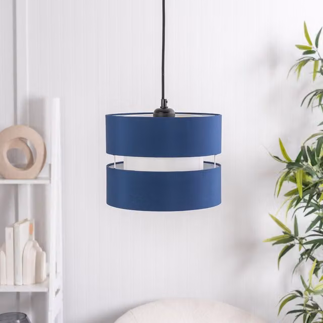 ValueLights Sophia Small 2 Tier Navy Blue Fabric Cylinder Ceiling Light Shade and Bulb