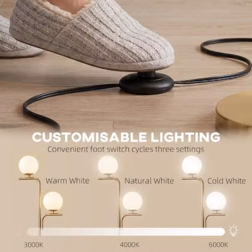 HOMCOM Modern LED Floor Lamp with Glass Sphere Shade and Foot Switch, Gold/Brass and White – 4