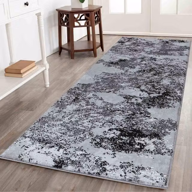 Desire Rugs Modern Abstract Sprayed Grunge Texture Runner, Black and Grey, W: 60 cm, L: 220 cm