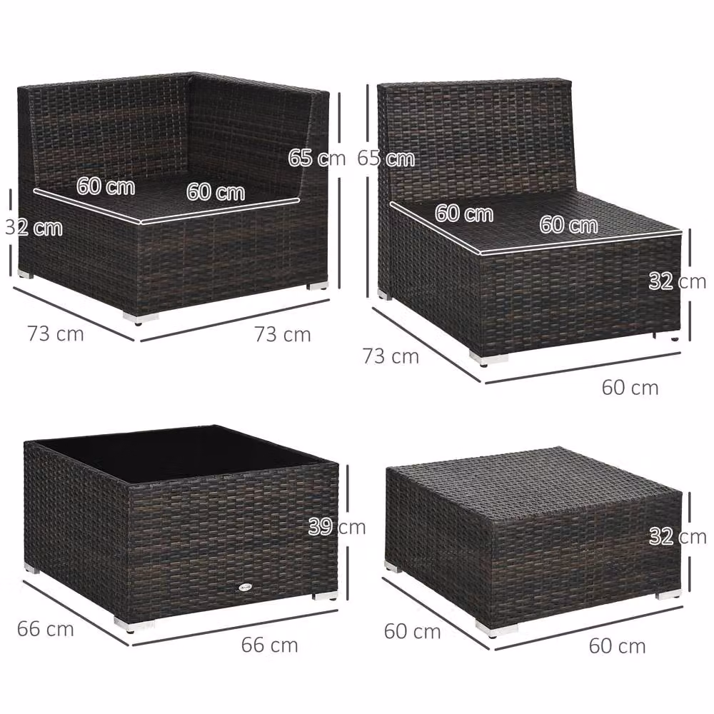 Outsunny 7-Seater L-Shape Rattan Garden Furniture Set with Upholstered Cushions, Ottoman and Coffee Table, Brown – 13