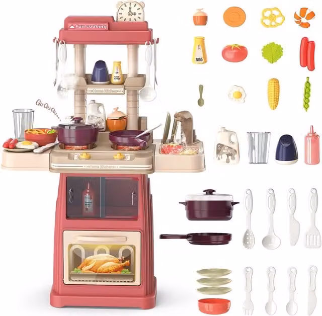 Everyday Red Kitchen Toy with Light and Sound, Steam Cooker Hood and Sink