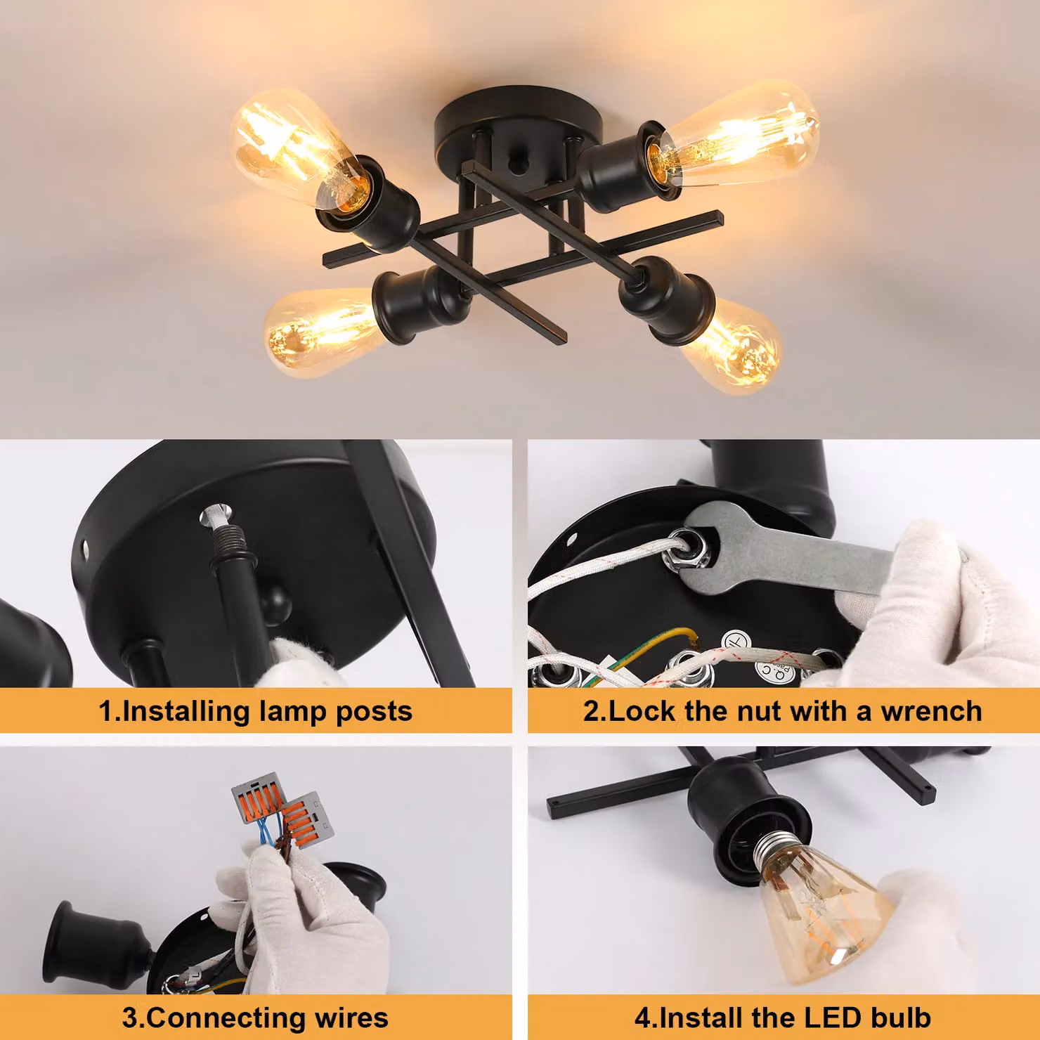 Pheashine Industrial Black Metal Ceiling Light with E27 Glass Shade for Hallway, Dining Room or Living Room – 4