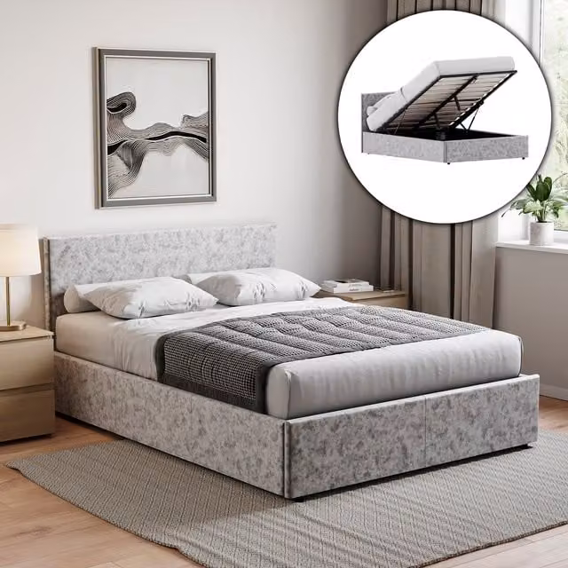 Vida Designs Veronica Double Ottoman Bed Frame in Silver Velvet, H 82 x W 144 x D 200 cm