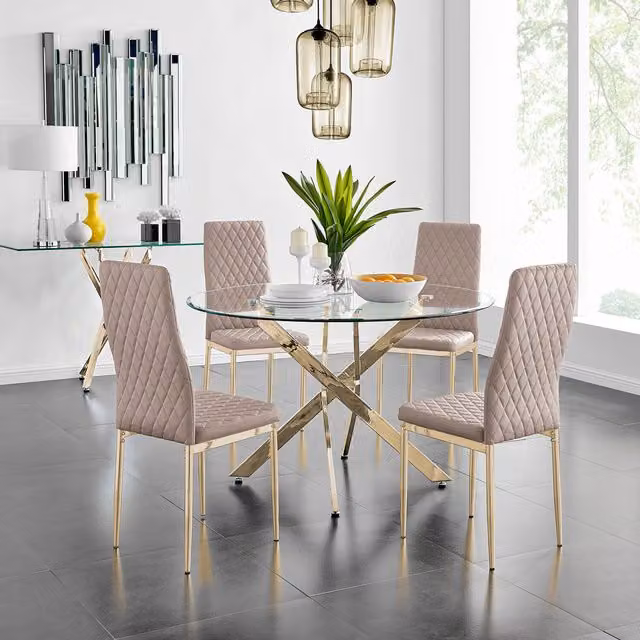 FurnitureboxUK Novara Gold Round Glass Dining Table and Four Milan Chairs in Cappuccino, Diameter: 120 cm