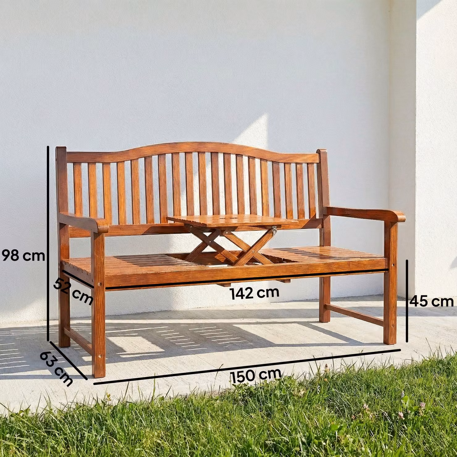 Outsunny Garden Loveseat Bench, 2-3 Seater Outdoor Wood Bench with Liftable Table and Waterproof Cover, Brown – 3