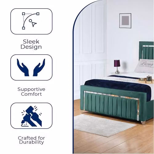 Living Comfort Bedz Zurich Plush Velvet Bed in Green with Silver Trim, 5FT King Size, W/D/H: 180 x 200 cm – 3