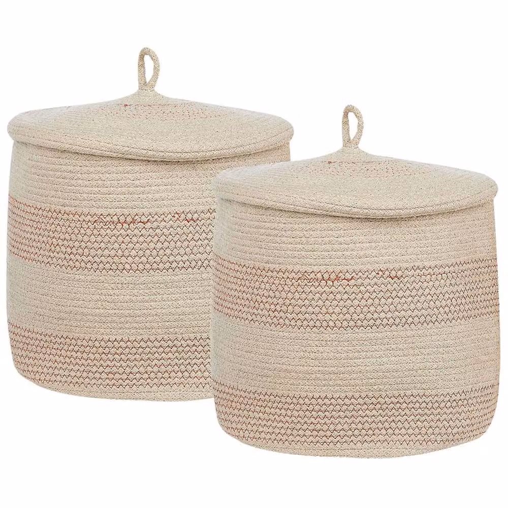 Wyld and Coco Set of 2 Beige and Pink Cotton Striped Fabric Storage Baskets with Lids – 2