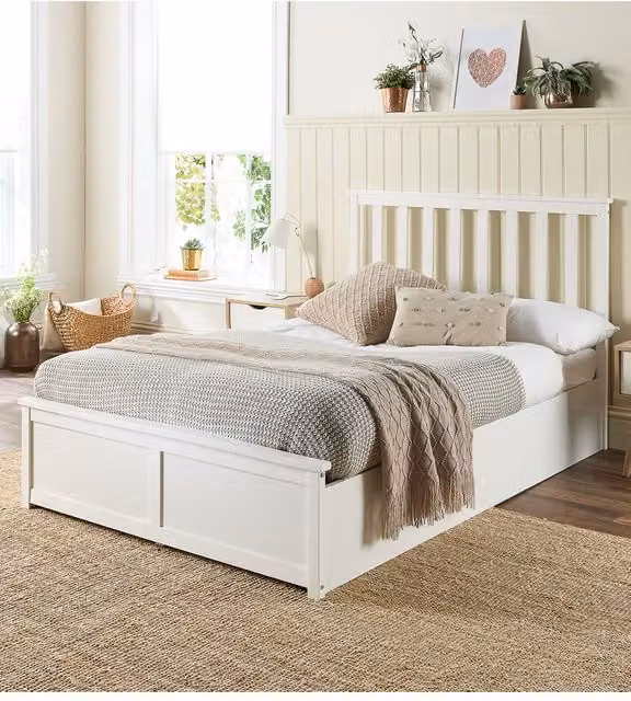 Aspire White Lacquered Solid Wood Ottoman Storage Bed with Lift Up Base, W/D/H: 140 x 200 cm – 1