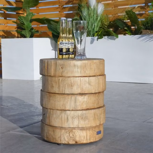 Direct Wicker Round Concrete Outdoor Garden Side Table in White and Natural