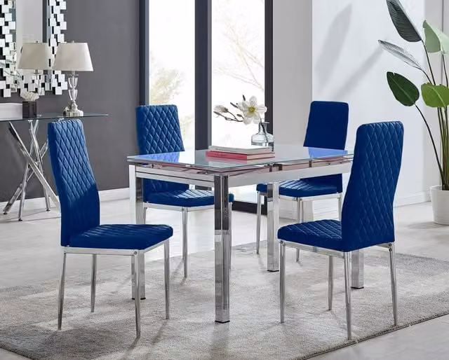 FurnitureboxUK Enna White Glass Extending Dining Table and 4 Milan Navy Soft Velvet Chairs