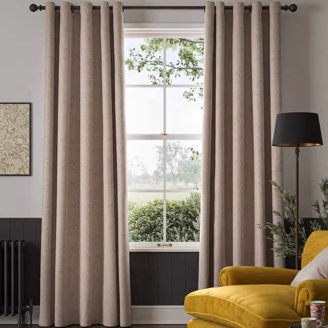 William Morris At Home Made to Measure Blackout Floral Eyelet Curtains in Beige Linen Blend