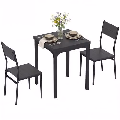 HOMCOM 3 Piece Compact Dining Set with Square Table and 2 Chairs in Black Industrial Style, W/D/H: 60 x 60 x 76 cm
