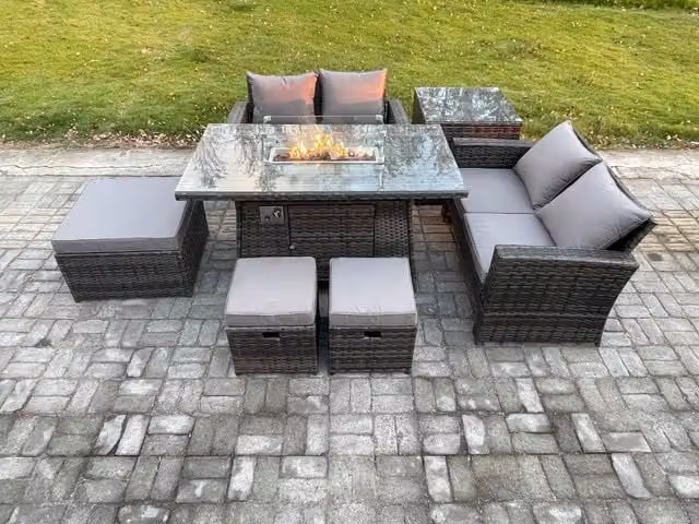 Fimous 7 Seater Grey Rattan Garden Furniture Set with Gas Fire Pit, Double Sofa, Dining Table, Chairs and 3 Footstools